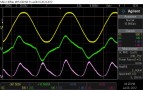 40Hz, 8R, mains waveforms. Yellow trace is mains voltage, green is mains current and pink is instantaneous power. Power factor is good, although there is still a fair bit of harmonic current distortion.