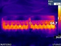 Thermal image of the output devices and heatsinks, 8R, 1kHz, half power, 10 seconds (lid removed, no airflow). The two transistors on the far right seem to be hogging current, but otherwise good thermal distribution.