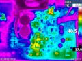 PCB thermal image, showing the amplifier quiescent and warmed up after 20 mins. Output devices furthest away from the fan are slightly hotter despite the fan running at incredibly slow speeds when idle. Minimal airflow does seem to make a difference. Note the temperature scale to the right of the image. This image shows the right-hand side of the PCB.