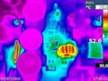 PCB thermal image, 3/4 power, 4R load. Left hand side of PCB showing Bridge rectifier and primary-side smoothing. Series resonant inductor is hot, the inductor core is hotter. SG3525 controller IC towards the top of the image is running warm.