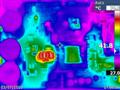 PCB thermal image, 3/4 power, 4R load. Middle of PCB shows the SMPS transformer and secondary rectification.