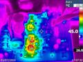 PCB thermal image, 3/4 power, 4R load. Right hand side of PCB, showing output devices closer to the fan are coolest. During operation there is a cowl diverting airflow over the output devices which has been removed for this test.