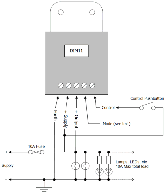 DIM11 LED Dimmer, Push Switch Controlled, PWM, 12V 24V 10A Low Voltage - Connections Diagram 1