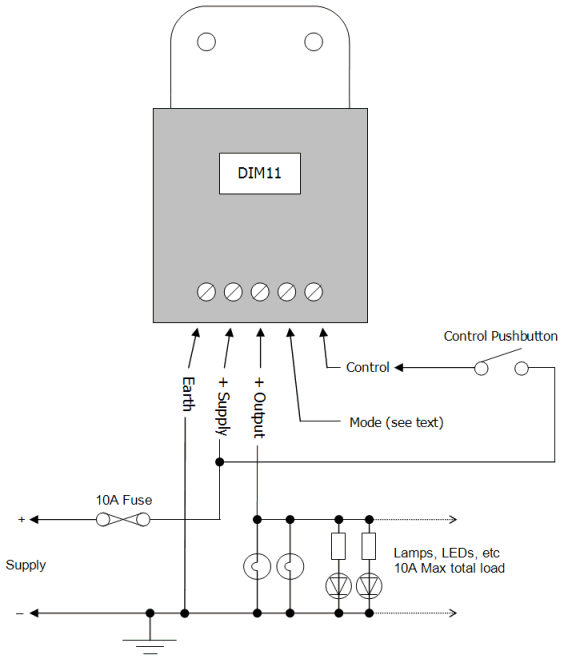 DIM11 LED Dimmer. Push Switch Controlled. PWM, 12V 24V 10A Low Voltage - Connections Diagram 1