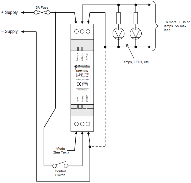 DIM11DIN LED Dimmer. Push Switch Controlled. DIN-Rail, PWM, 12V 24V 5A Low Voltage - Connections Diagram 1