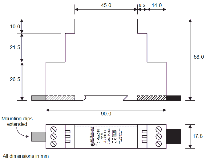 DIM11DIN LED Dimmer. Push Switch Controlled. DIN-Rail, PWM, 12V 24V 5A Low Voltage - Dimensional Drawing 1