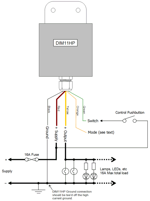 DIM11HP LED Dimmer, Push Switch Controlled, PWM, 12V 24V 16A Low Voltage - Connections Diagram 1