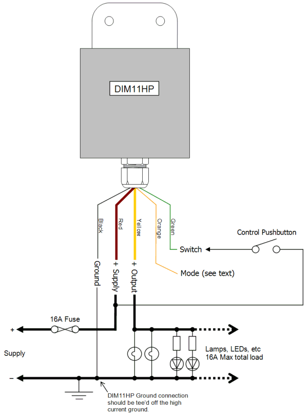 DIM11HP LED Dimmer. Push Switch Controlled. PWM, 12V 24V 16A Low Voltage - Connections Diagram 1