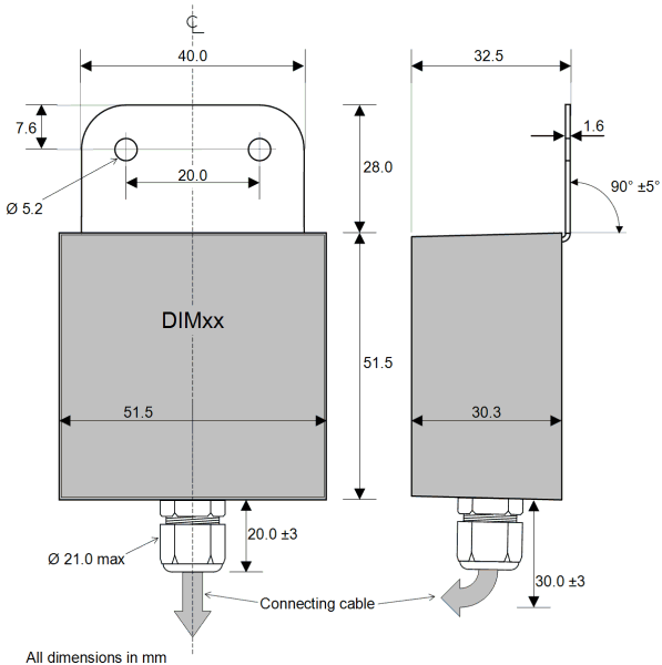 DIM11HP LED Dimmer. Push Switch Controlled. PWM, 12V 24V 16A Low Voltage - Dimensional Drawing 1