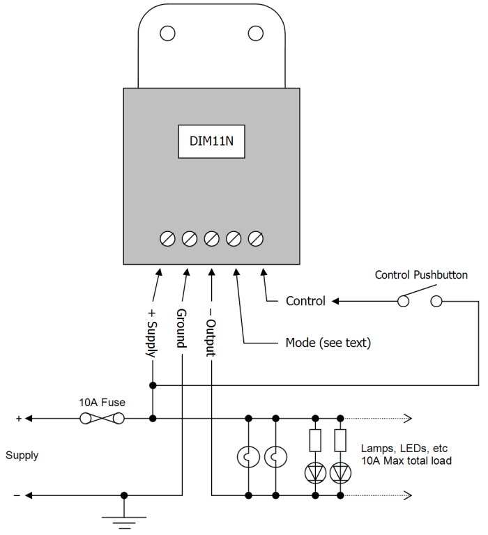 DIM11N LED Dimmer. Negative Low-side Output. Push Switch Controlled, PWM, 12V 24V 10A Low Voltage - Connections Diagram 1