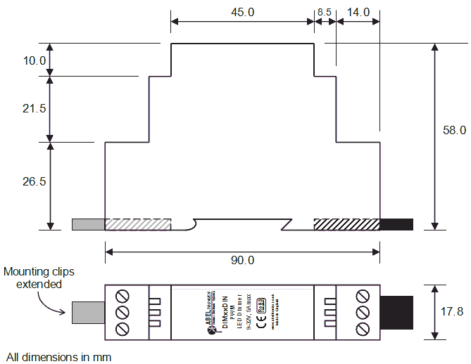 DIM12-2DIN LED Dimmer, Potentiometer Controlled, DIN-mount, PWM, 12V 24V, 5A Low Voltage - Dimensional Drawing 1