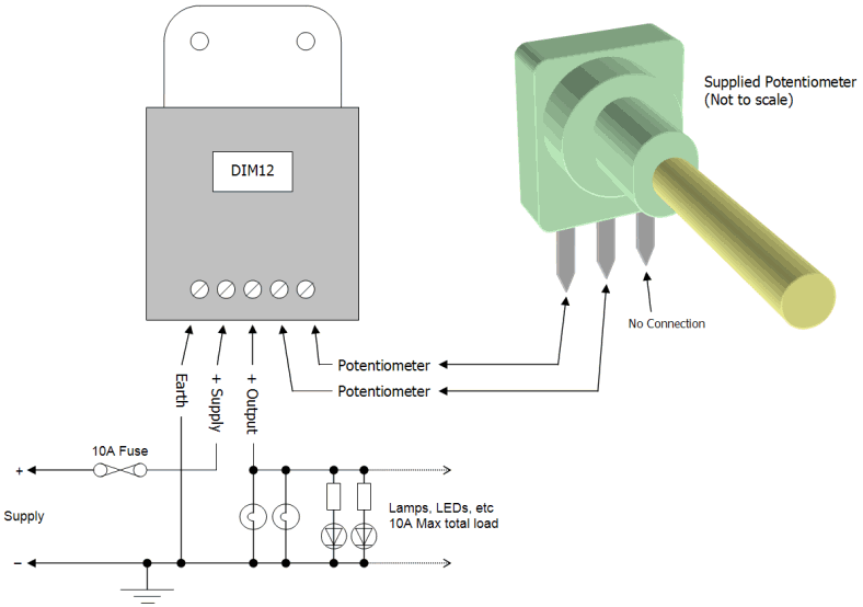 DIM12 LED Dimmer, Rotary Potentiometer Controlled, PWM, 12V 24V 10A Low Voltage - Connections Diagram 1