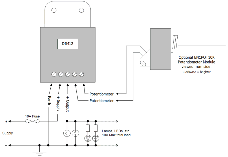DIM12 LED Dimmer, Rotary Potentiometer Controlled, PWM, 12V 24V 10A Low Voltage - Connections Diagram 2