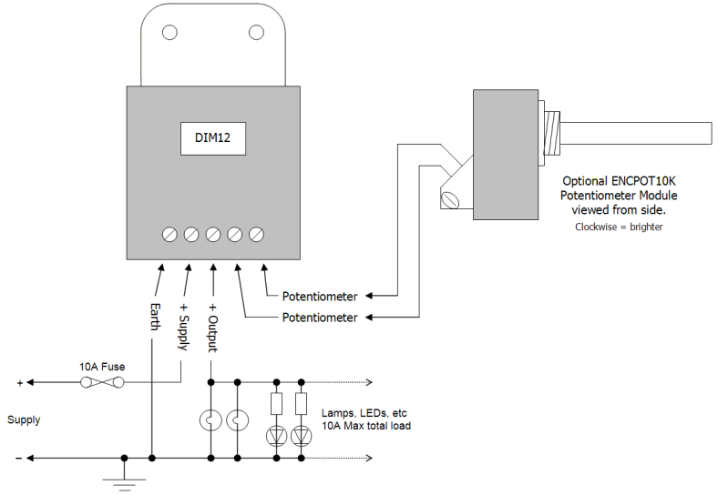 DIM12 LED Dimmer. Rotary Potentiometer Controlled. PWM, 12V 24V 10A Low Voltage - Connections Diagram 2