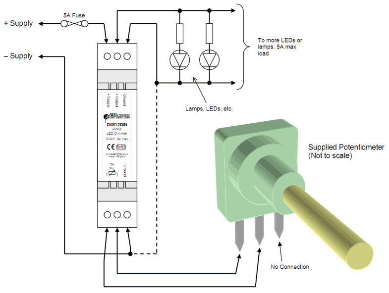 DIM12DIN LED Dimmer, Rotary Potentiometer Controlled, DIN-Rail, PWM, 12V 24V, 5A Low Voltage - Connections Diagram 1