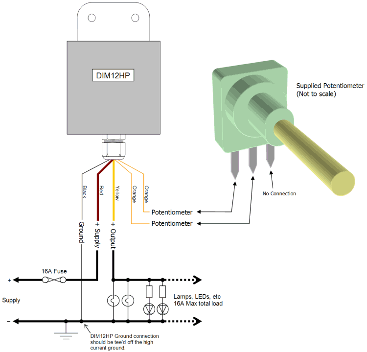 DIM12HP LED Dimmer, Rotary Potentiometer Controlled, Waterproof, PWM, 12V 24V, 16A Low Voltage - Connections Diagram 1