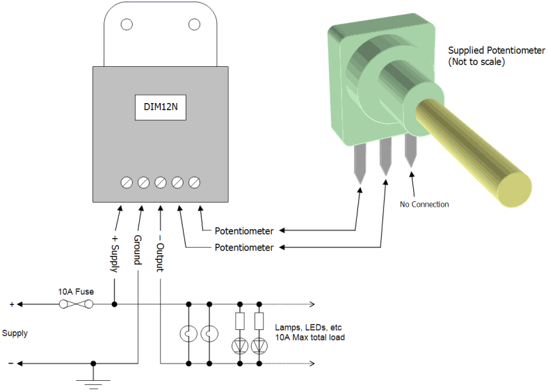 DIM12N LED Dimmer. Rotary Potentiometer Controlled. Negative Output, PWM, 12V 24V, 10A Low Voltage - Connections Diagram 1