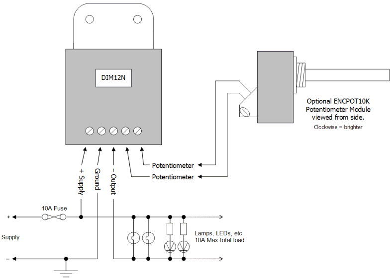 DIM12N LED Dimmer, Rotary Potentiometer Controlled, Negative Output, PWM, 12V 24V, 10A Low Voltage - Connections Diagram 2