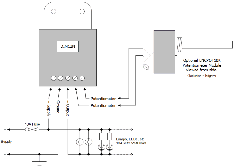 DIM12N LED Dimmer. Rotary Potentiometer Controlled. Negative Output, PWM, 12V 24V, 10A Low Voltage - Connections Diagram 2