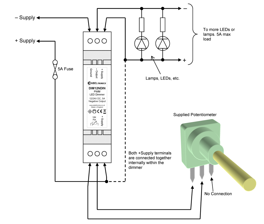 DIM12NDIN LED Dimmer, Rotary Potentiometer Controlled, Negative Output, PWM, 12V 24V, 5A Low Voltage DIN-mount - Connections Diagram 1