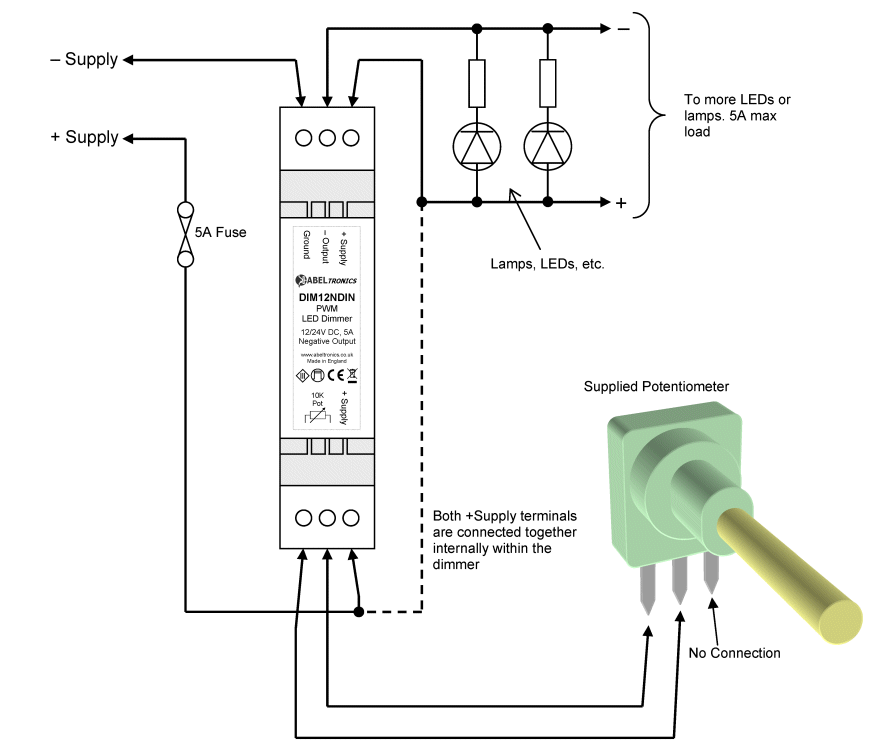 DIM12NDIN LED Dimmer. Rotary Potentiometer Controlled. Negative Output, PWM, 12V 24V, 5A Low Voltage DIN-mount - Connections Diagram 1