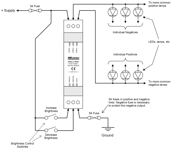 DIM13-2DIN LED Dimmer, Dual Output Switch Controlled, DIN-mount, PWM, 12V 24V, 5A Low Voltage - Connections Diagram 1