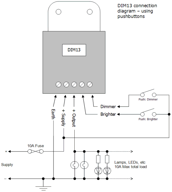 DIM13 LED Dimmer, Dual Switch Controlled, PWM, 12V 24V, 10A Low Voltage - Connections Diagram 1