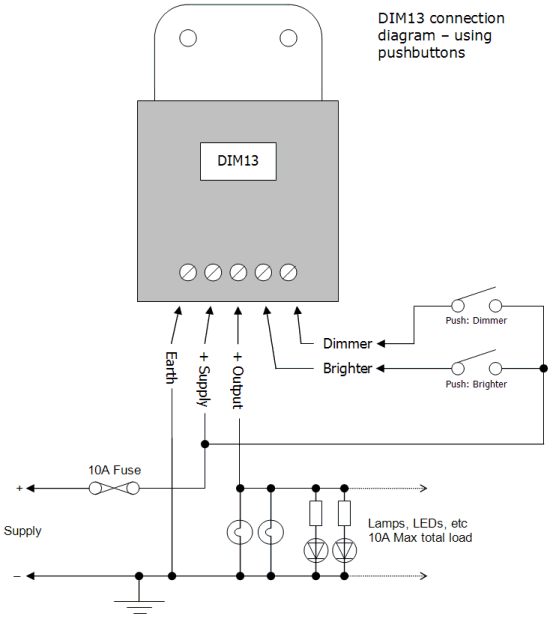 DIM13 LED Dimmer. Dual Switch Controlled. PWM, 12V 24V, 10A Low Voltage - Connections Diagram 1