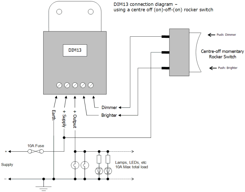 DIM13 LED Dimmer, Dual Switch Controlled, PWM, 12V 24V, 10A Low Voltage - Connections Diagram 2