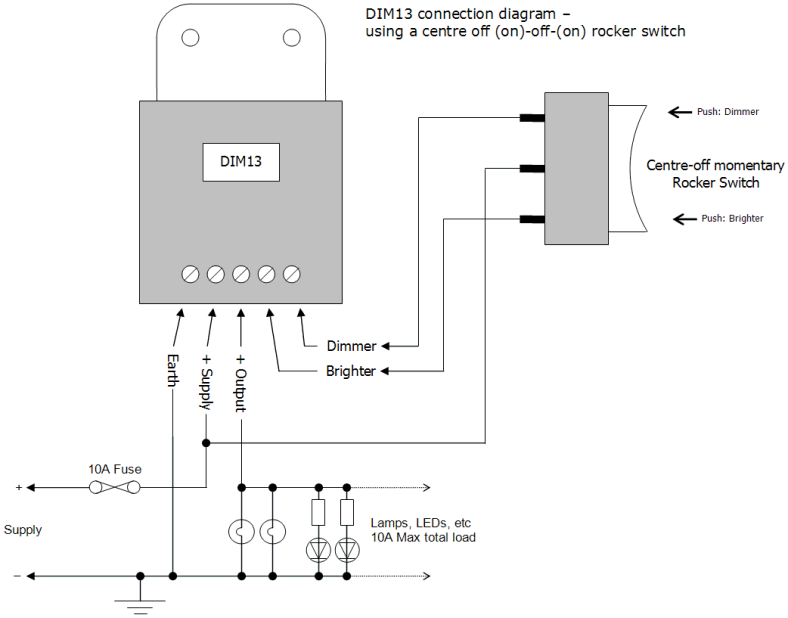 DIM13 LED Dimmer. Dual Switch Controlled. PWM, 12V 24V, 10A Low Voltage - Connections Diagram 2