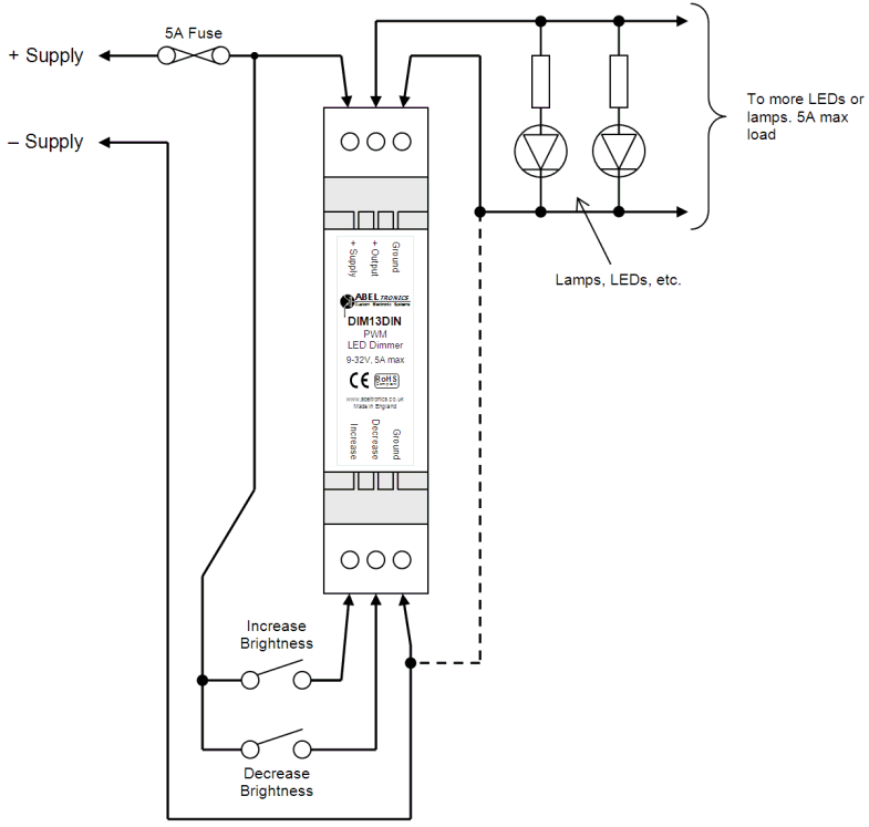 DIM13DIN LED Dimmer, Dual Switch Controlled, PWM, 12V 24V Low Voltage - Connections Diagram 1