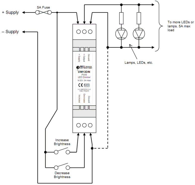 DIM13DIN LED Dimmer. Dual Switch Controlled. PWM, 12V 24V Low Voltage - Connections Diagram 1