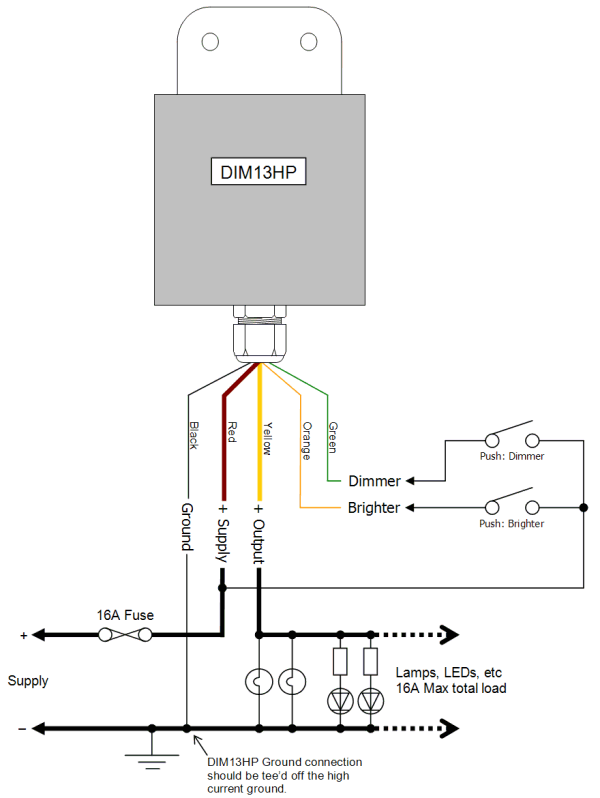 DIM13HP LED Dimmer. Dual Switch Controlled. PWM, 12V 24V Low Voltage 16A, IP68 - Connections Diagram 1