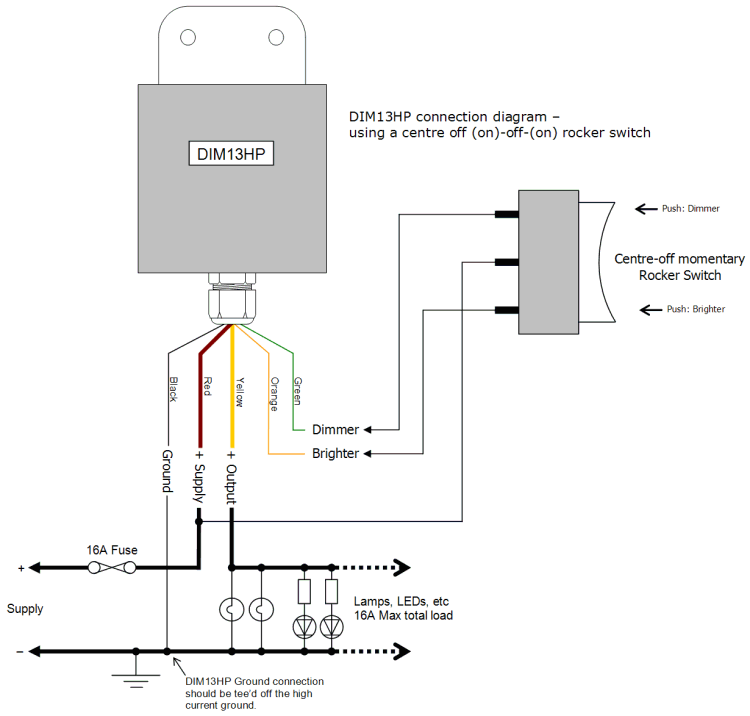 DIM13HP LED Dimmer, Dual Switch Controlled, PWM, 12V 24V Low Voltage 16A, IP68 - Connections Diagram 2