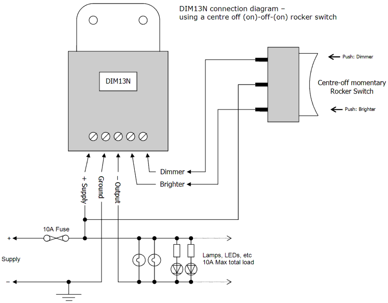 DIM13N LED Dimmer, Dual Switch Controlled, Negative Low-side Output, PWM, 12V 24V Low Voltage 5A - Connections Diagram 1
