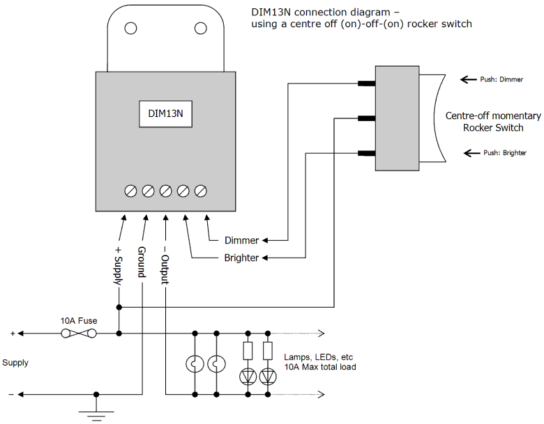 DIM13N LED Dimmer. Dual Switch Controlled. Negative Low-side Output. PWM, 12V 24V Low Voltage 5A - Connections Diagram 1