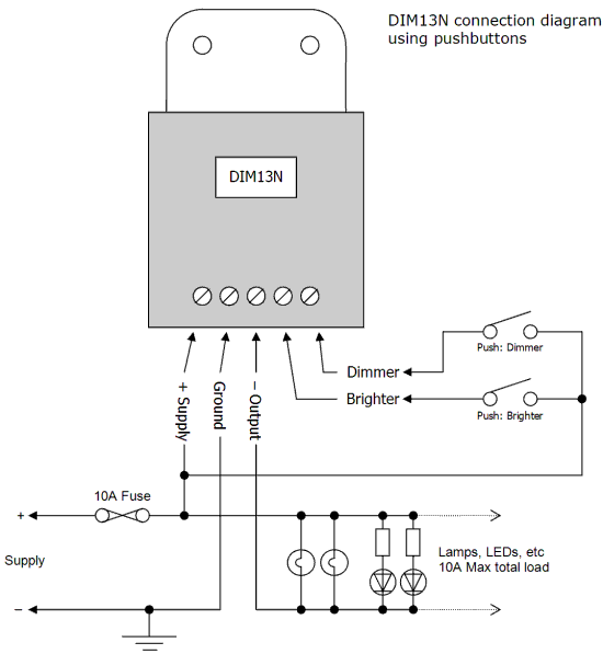 DIM13N LED Dimmer, Dual Switch Controlled, Negative Low-side Output, PWM, 12V 24V Low Voltage 5A - Connections Diagram 2