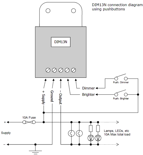 DIM13N LED Dimmer. Dual Switch Controlled. Negative Low-side Output. PWM, 12V 24V Low Voltage 5A - Connections Diagram 2