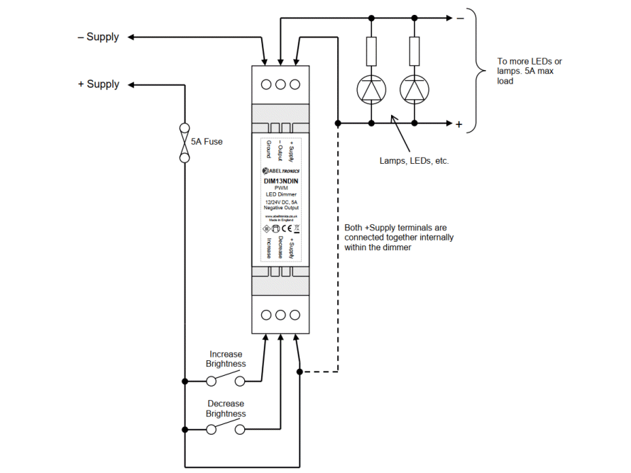DIM13NDIN LED Dimmer, Dual Switch Controlled, Negative Output, PWM, 12V 24V, 5A Low Voltage DIN-mount - Connections Diagram 1