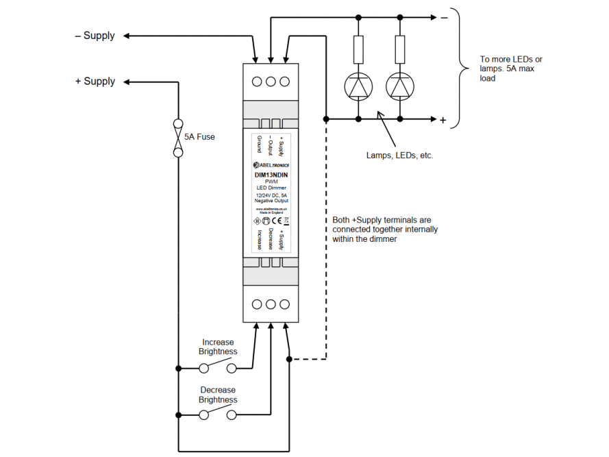 DIM13NDIN LED Dimmer. Dual Switch Controlled. Negative Output. PWM, 12V 24V, 5A Low Voltage DIN-mount - Connections Diagram 1