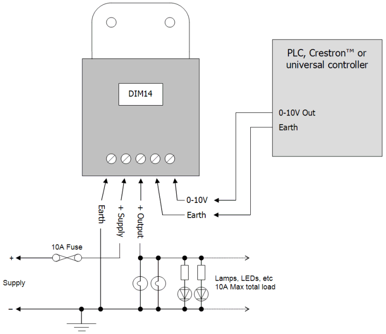 DIM14 LED Dimmer, 0-10 Volt Controlled, PWM, 12V 24V Low Voltage 10A - Connections Diagram 1