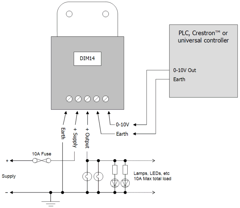 DIM14 LED Dimmer. 0-10 Volt Controlled. PWM, 12V 24V Low Voltage 10A - Connections Diagram 1