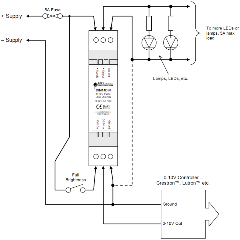 DIM14DIN LED Dimmer, 0-10 Volt Controlled, DIN-Mount, PWM, 12V 24V Low Voltage 5A - Connections Diagram 1