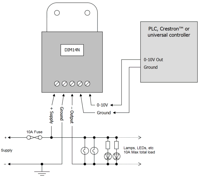 DIM14N LED Dimmer. 0-10 Volt Controlled. Negative Output, PWM, 12V 24V Low Voltage 10A - Connections Diagram 1