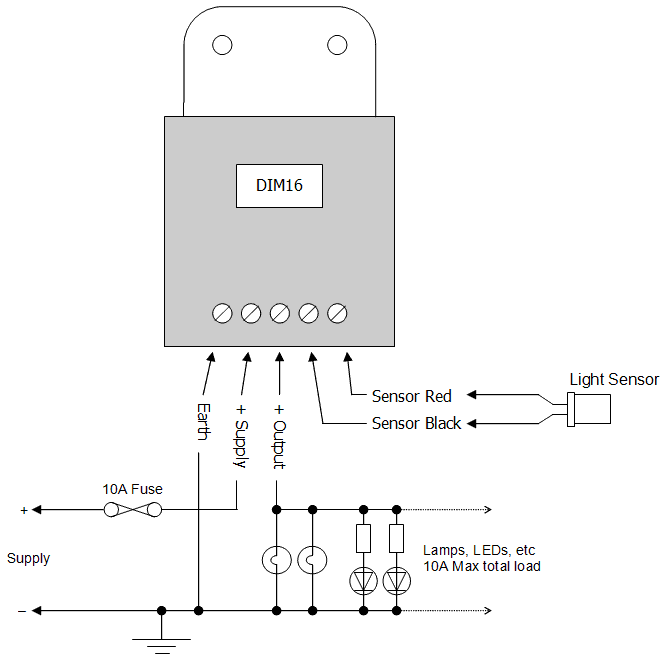 DIM16 LED Dimmer. Light Intensity Lux Controlled. PWM, 12V 24V Low Voltage 10A - Connections Diagram 1