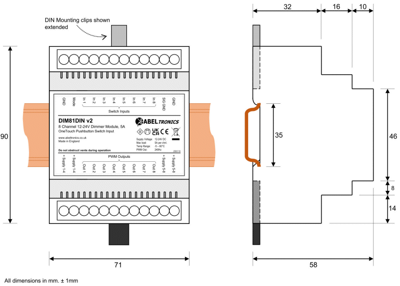 DIM81DIN 8 Channel LED Dimmer. Push Switch Controlled, DIN-mount. PWM, 12V 24V Low Voltage - Dimensional Drawing 1