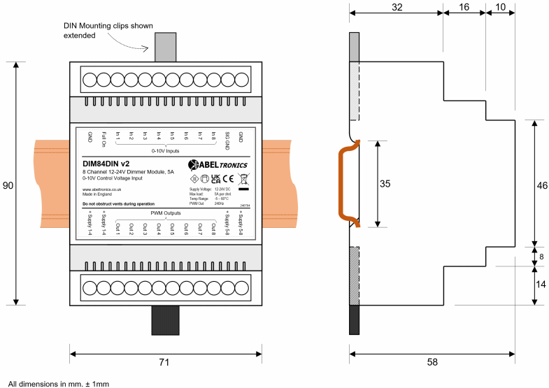 DIM84DIN 8 Channel LED Dimmer. 0-10 Volt Controlled, DIN-mount. PWM, 12V 24V Low Voltage - Dimensional Drawing 1