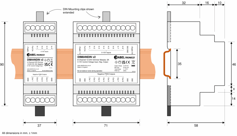 DIM84NDIN 8 Channel Negative LED Dimmer. 0-10 Volt Controlled, DIN-mount. PWM, 12V 24V Low Voltage - Dimensional Drawing 1