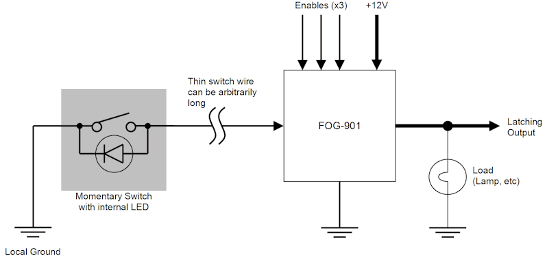 FOG-901 Momentary Switch to Latching Switch Converter, Toggle Action - Connections Diagram 1