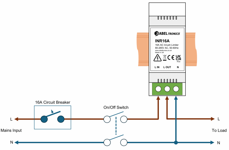 INR16A Inrush Current Limiter, DIN-mount. 80-265V AC - Connections Diagram 1